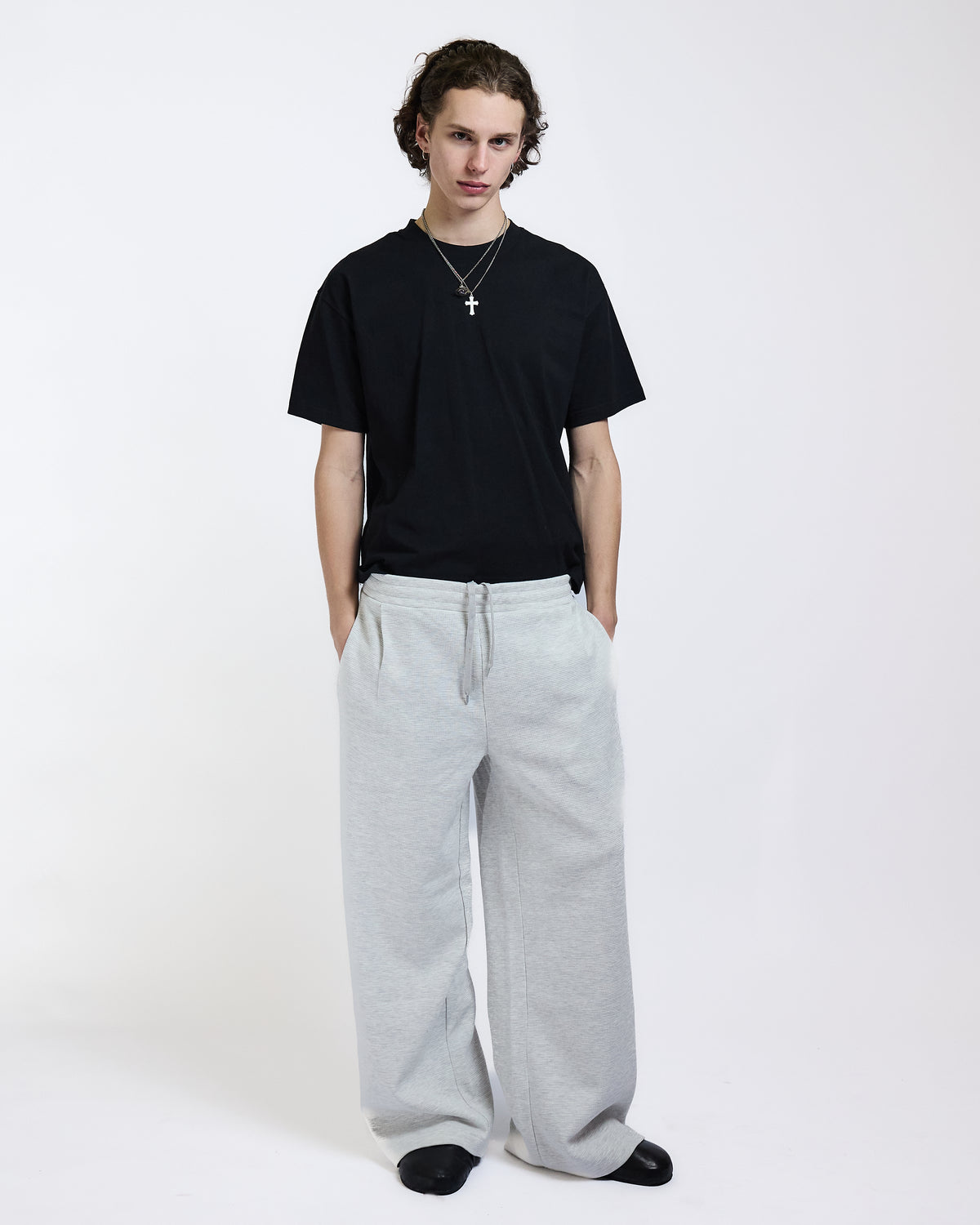 PLEATED WAFFLE KNIT LOUNGE PANTS (HEATHER GRAY) - ELYSIAN